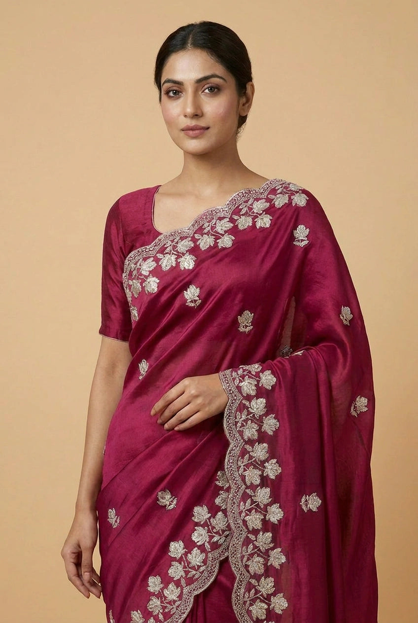 Crinkle Satin Embroidered Saree for Festive Evening