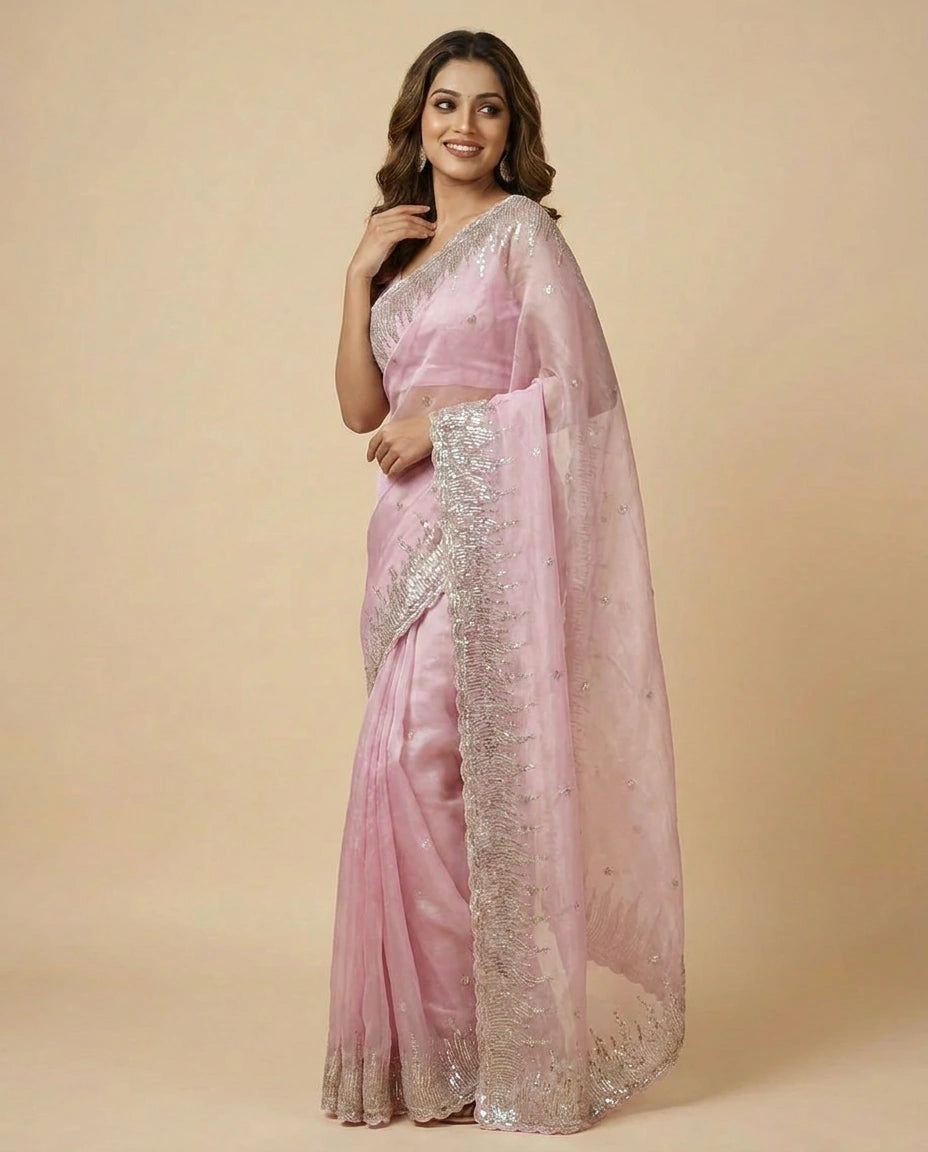 Tissue Embroidered Saree with Beaded Border - Rangoli India