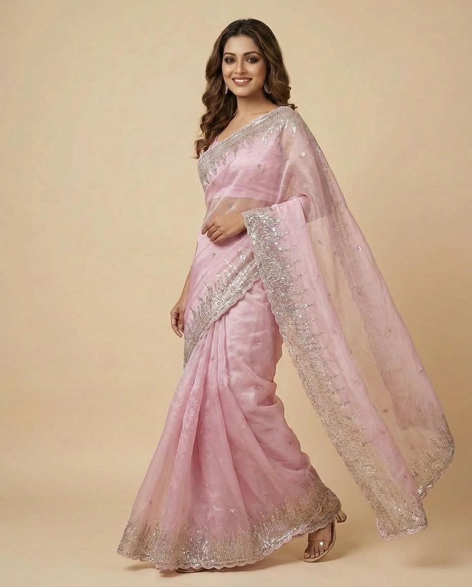 Tissue Embroidered Saree with Beaded Border - Rangoli India