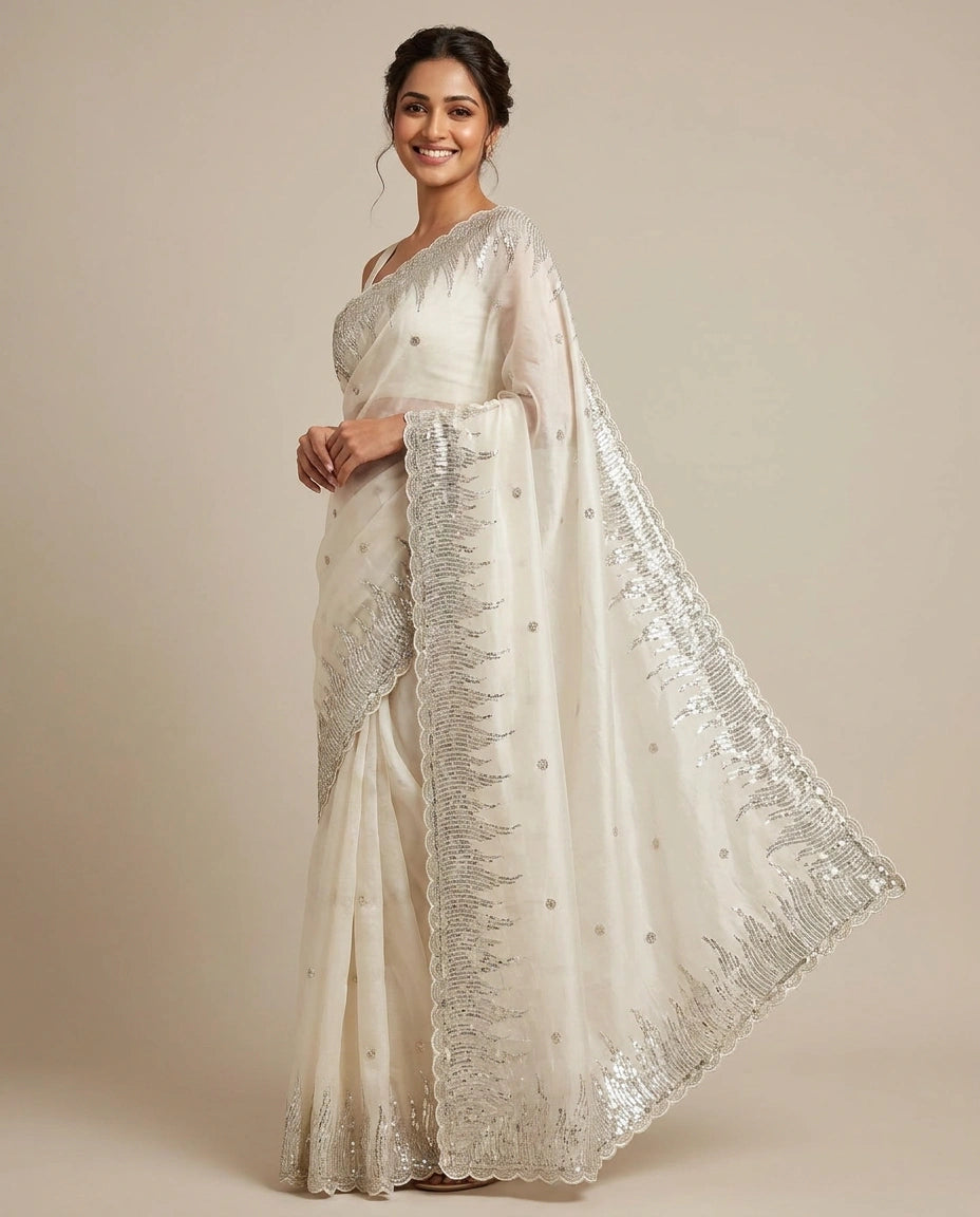 Tissue Embroidered Saree with Beaded Border - Rangoli India
