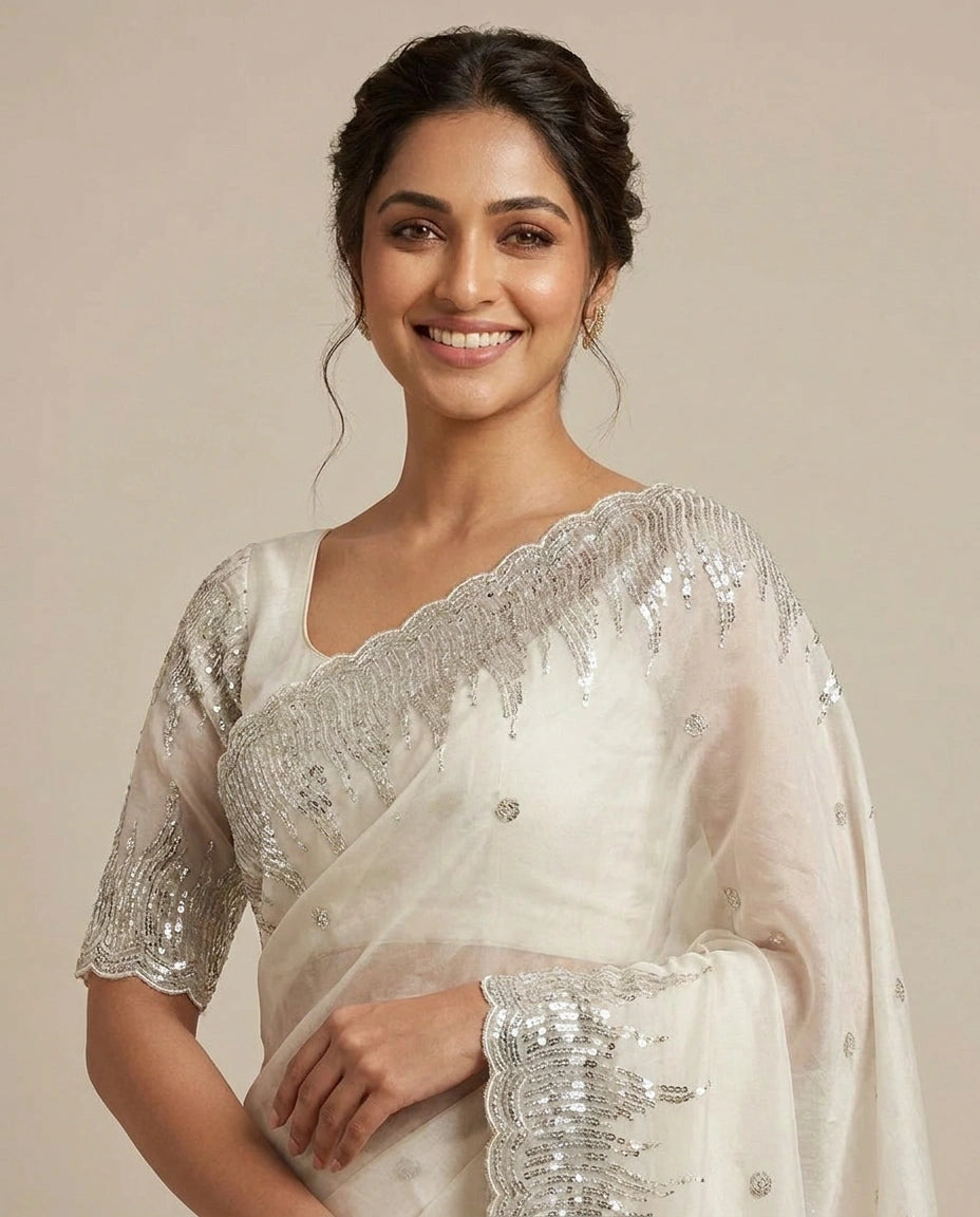Tissue Embroidered Saree with Beaded Border - Rangoli India