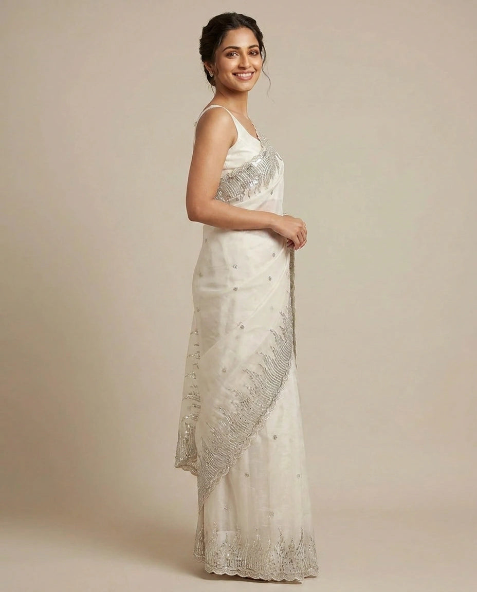 Tissue Embroidered Saree with Beaded Border - Rangoli India