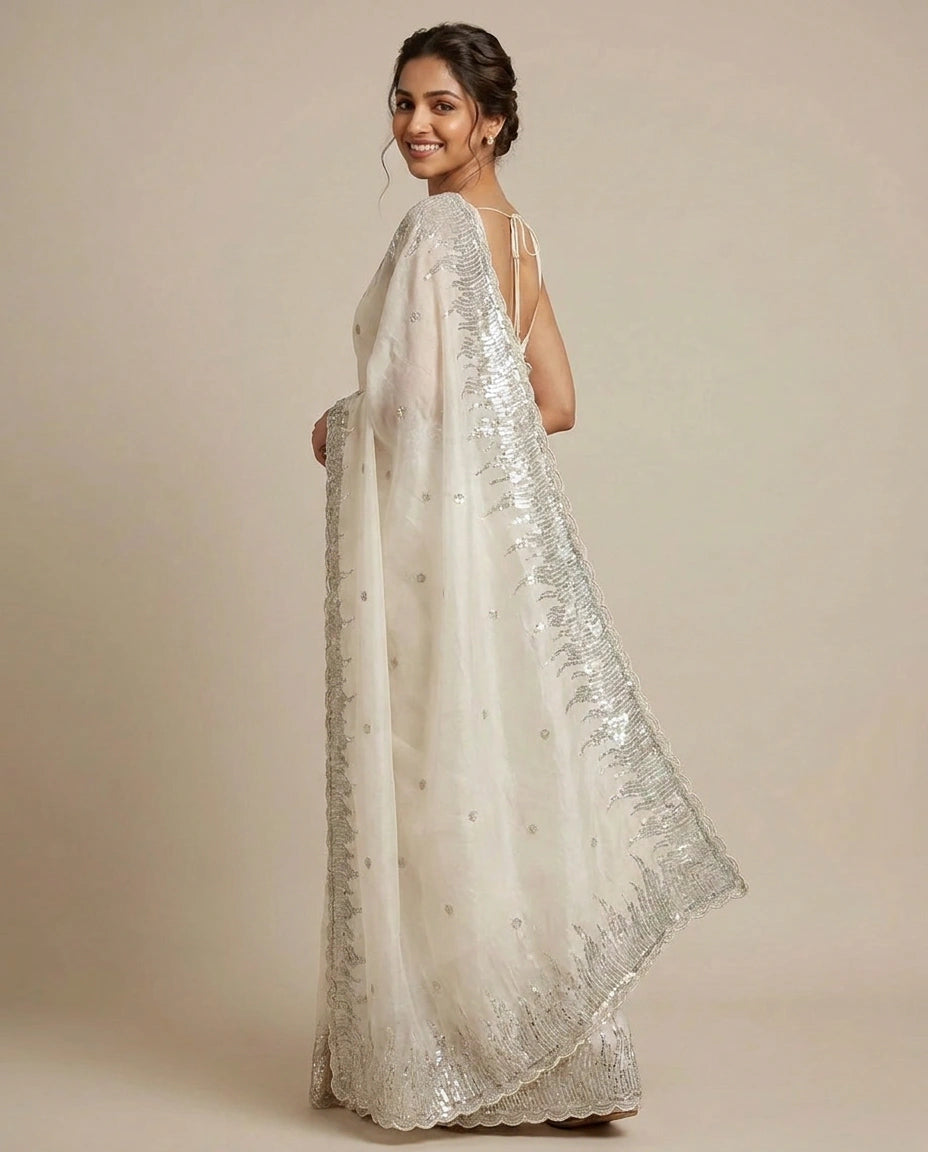 Tissue Embroidered Saree with Beaded Border - Rangoli India