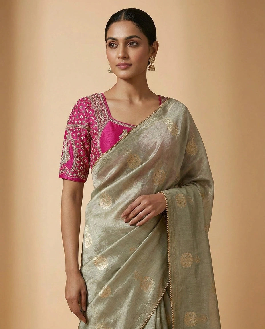 Designer Blouse with Hand-Embroidered Floral Zari Border view 2