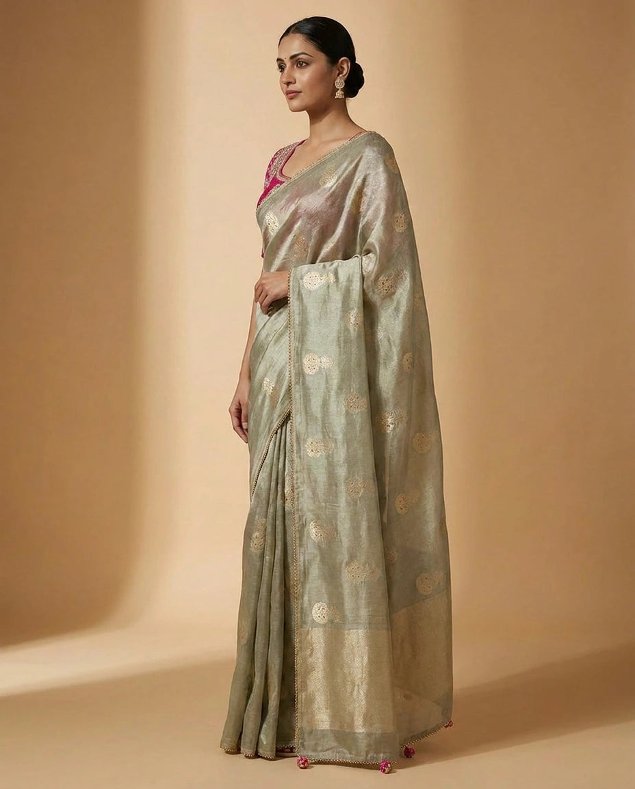 Designer Blouse with Hand-Embroidered Floral Zari Border view 3