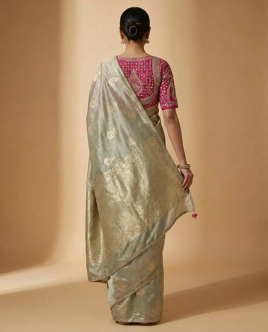 Designer Blouse with Hand-Embroidered Floral Zari Border view 4