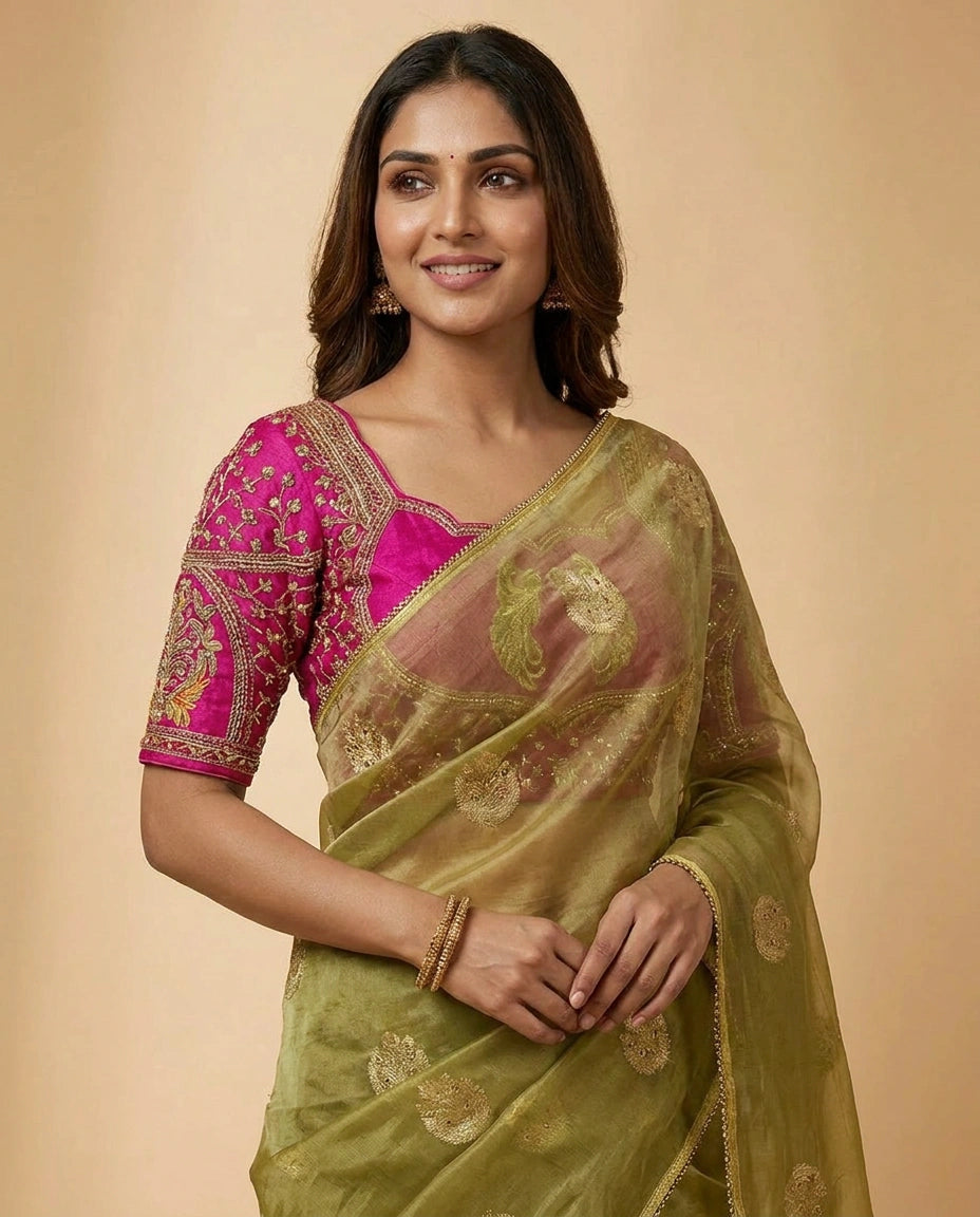 Designer Blouse with Hand-Embroidered Floral Zari Border view 6