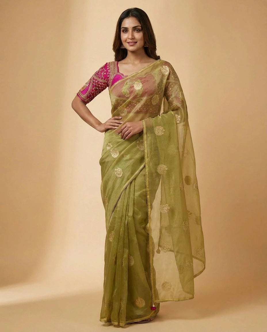 Tissue Silk Saree with Zari Butta Work and Contrast Embroidered Designer Blouse by Rangoli