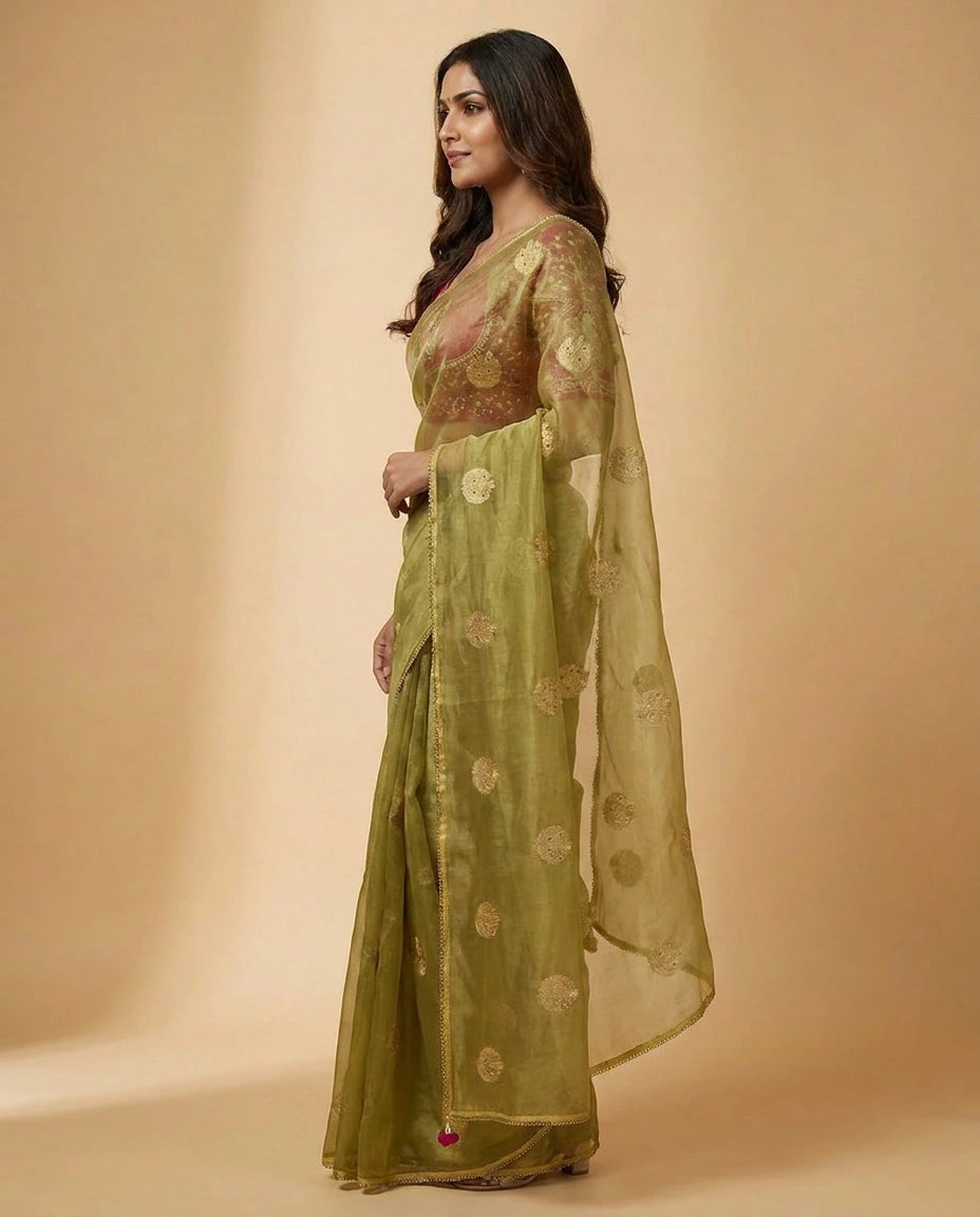 Tissue Silk Saree with Zari Butta Work and Contrast Embroidered Designer Blouse by Rangoli