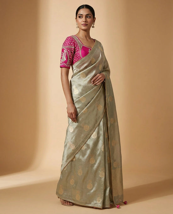 Designer Blouse with Hand-Embroidered Floral Zari Border view 1