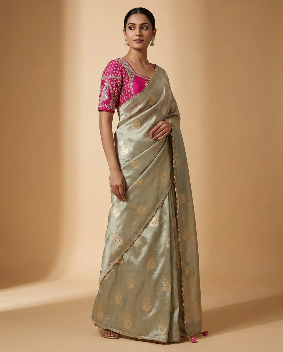 Designer Blouse with Hand-Embroidered Floral Zari Border view 1