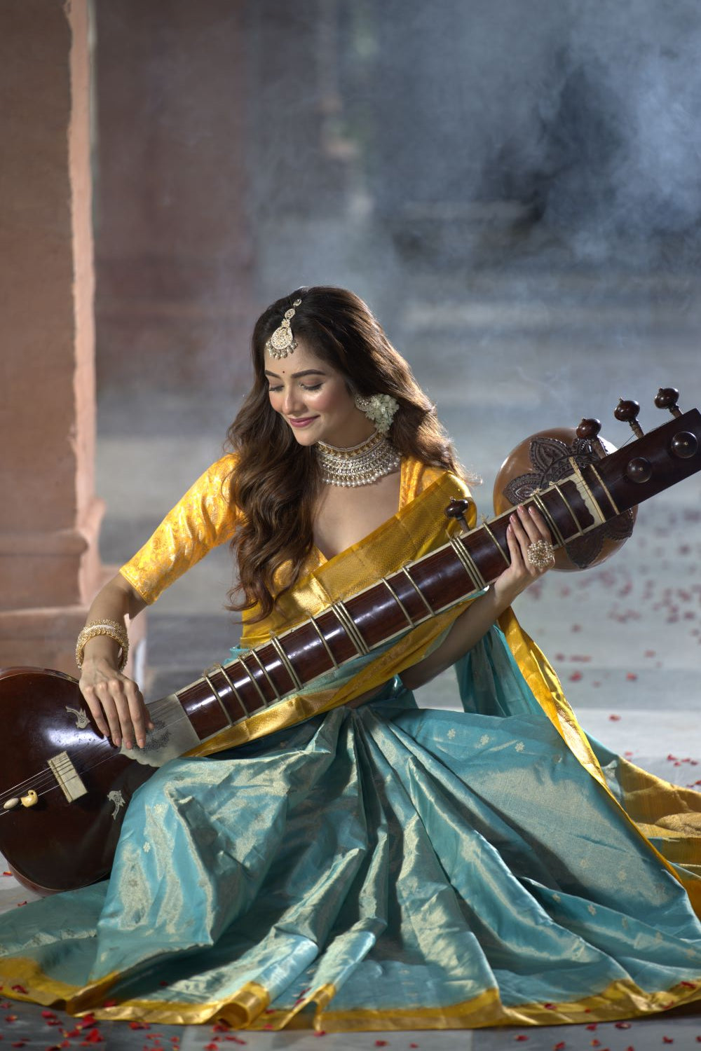 Firozi and Yellow Silk Katan Saree – Exquisite Traditional Wear