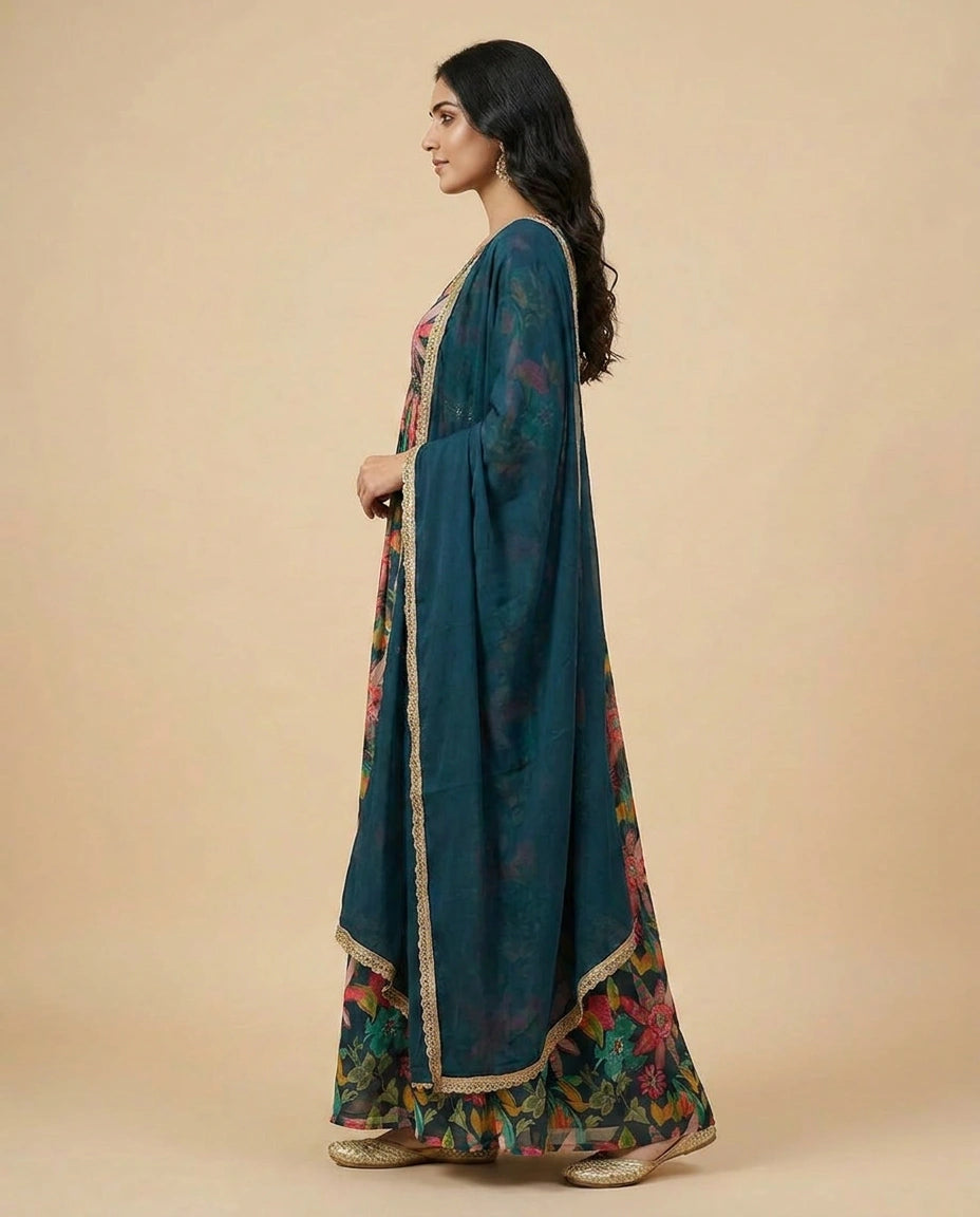 Peacock Blue Chinon Gown Suit for Party Occasions