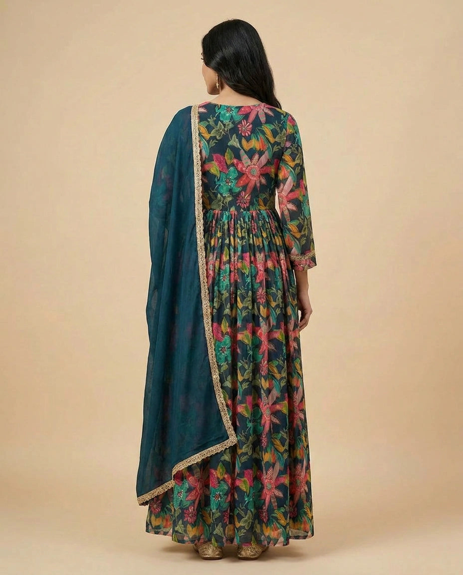Peacock Blue Chinon Gown Suit for Party Occasions