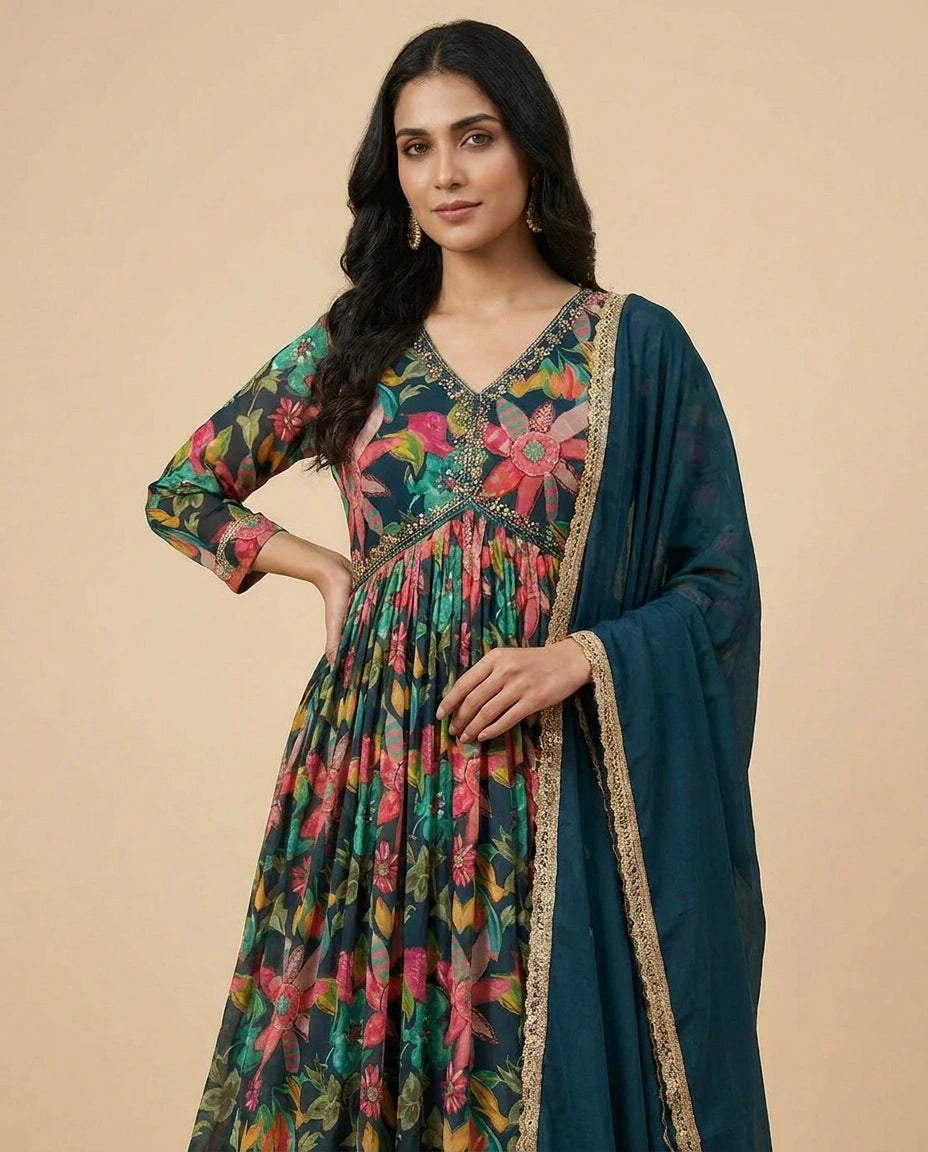 Peacock Blue Chinon Gown Suit for Party Occasions