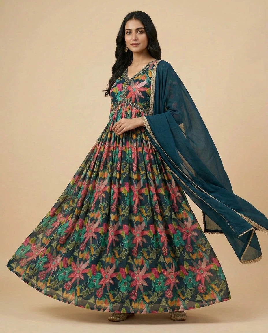 Peacock Blue Chinon Gown Suit for Party Occasions