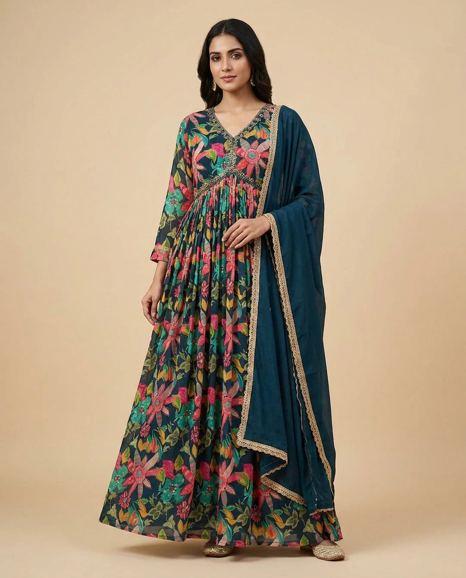 Peacock Blue Chinon Gown Suit for Party Occasions