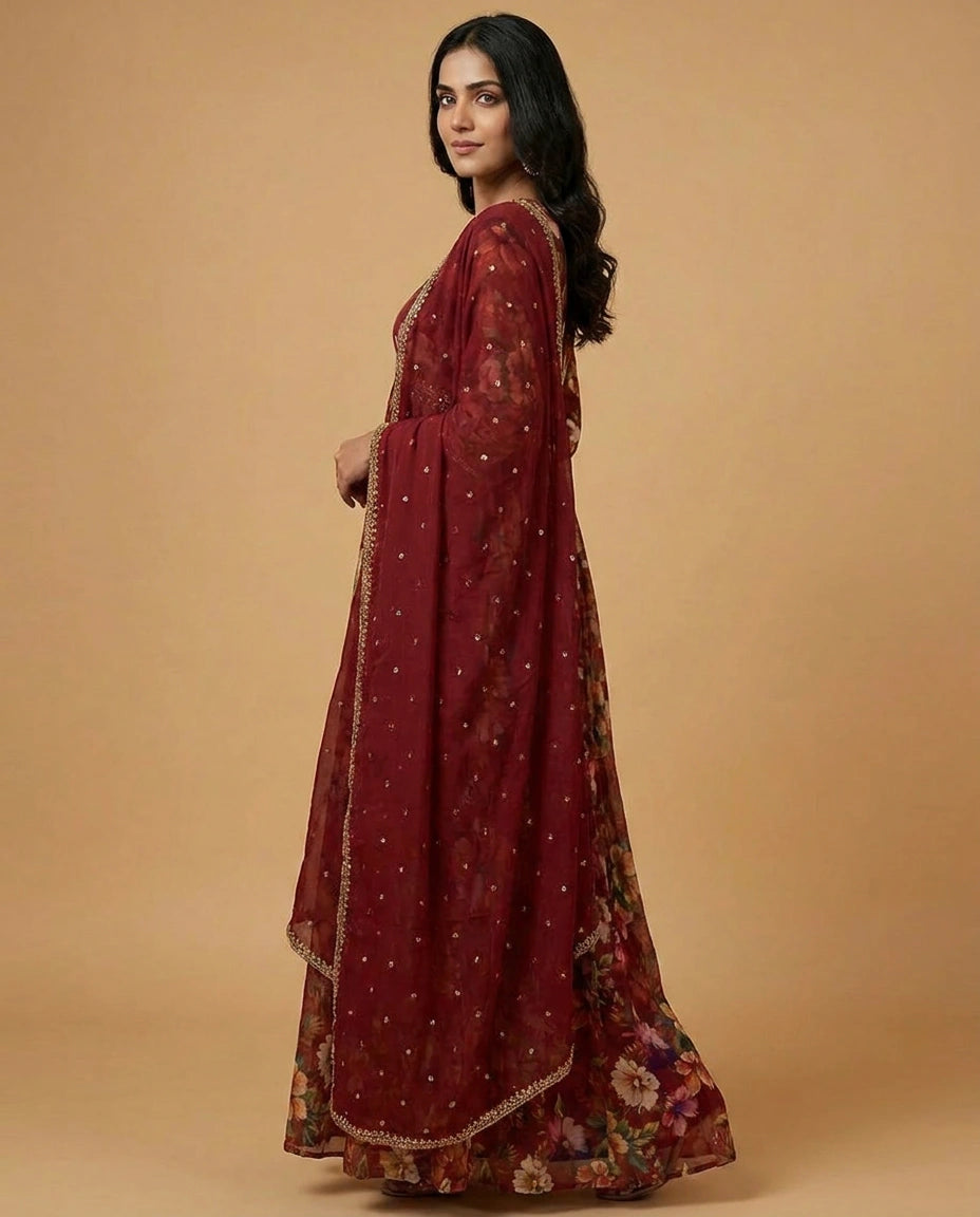 Chinon Anarkali Suit Gown with Embroidered Border Detail view 2