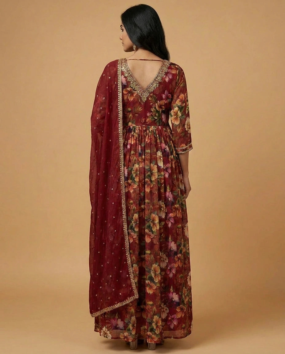 Chinon Anarkali Suit Gown with Embroidered Border Detail view 3