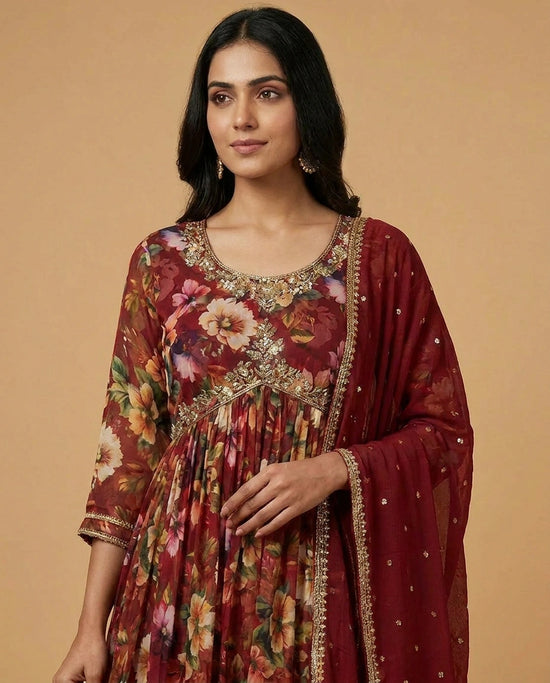 Maroon Chinon Anarkali Gown with Embroidered Border
