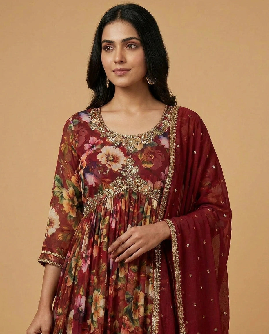Chinon Anarkali Suit Gown with Embroidered Border Detail view 4