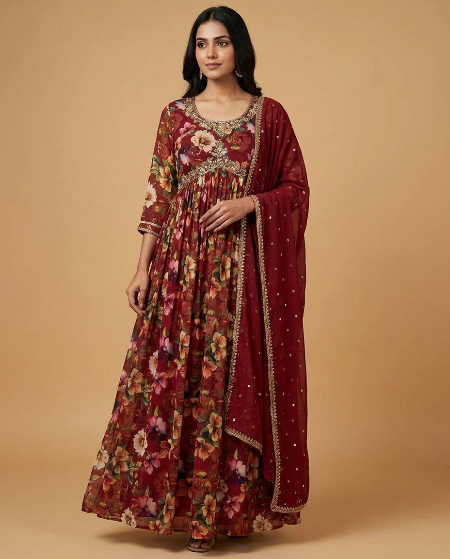 Maroon Chinon Anarkali Suit Gown with Embroidered Border Detail