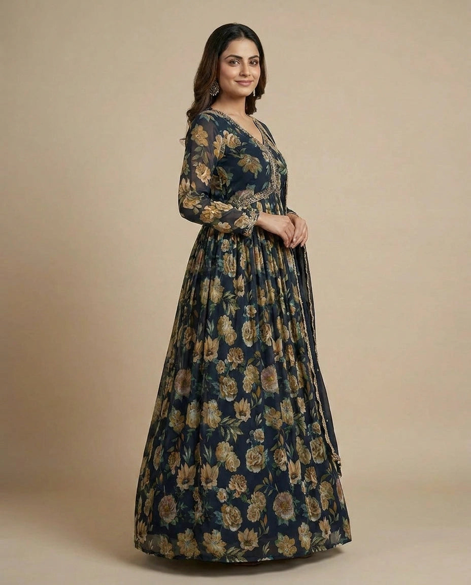 Chinon Suit Gown for Women with Embellished Neck Detail view 2