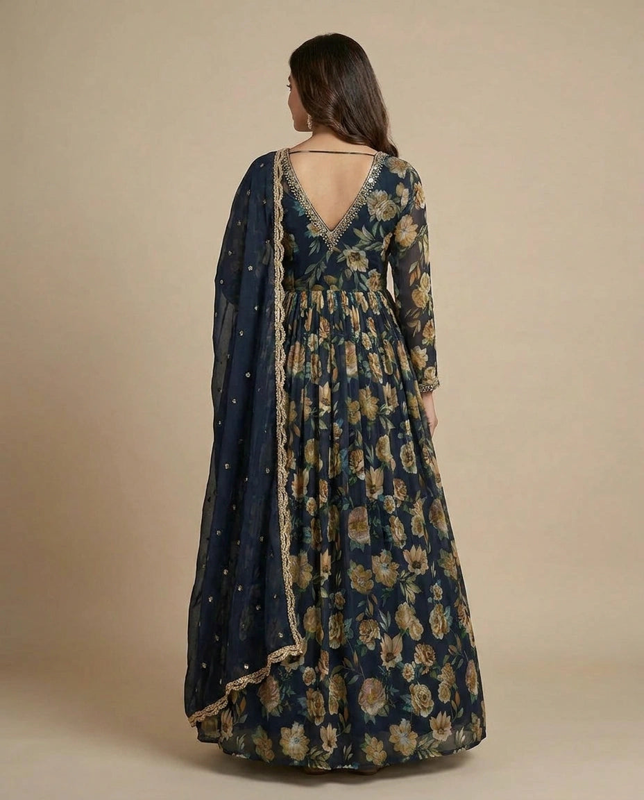 Chinon Suit Gown for Women with Embellished Neck Detail view 3