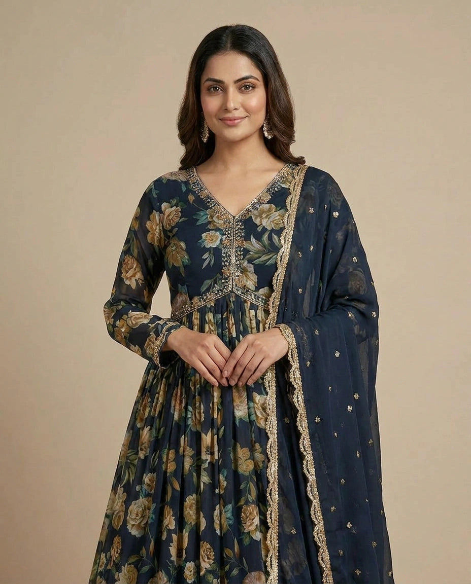 Chinon Suit Gown for Women with Embellished Neck Detail view 4