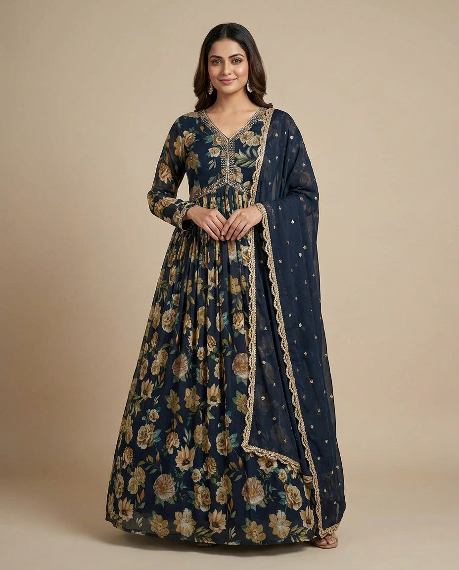 Navy Blue Chinon Suit Gown for Women with Embellished Neck Detail