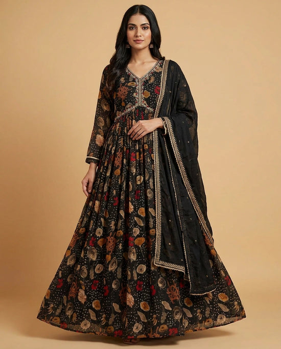 Black Anarkali Chinon Suit Gown with Flowy Skirt for Occasions