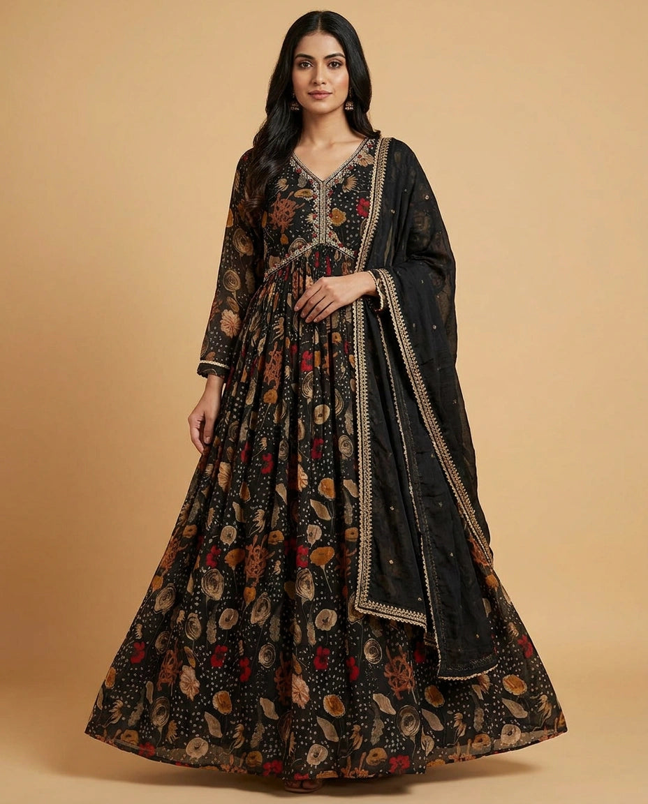 Black Anarkali Chinon Suit Gown with Flowy Skirt for Occasions