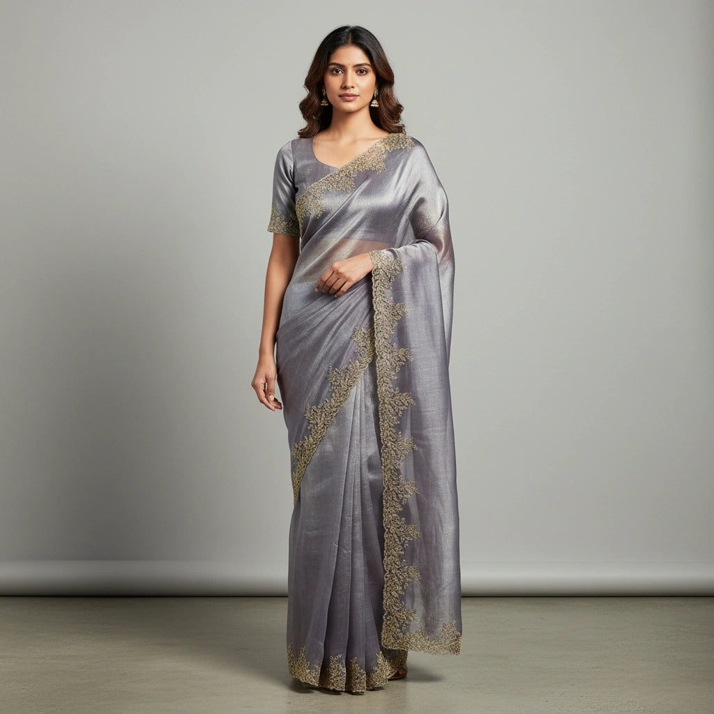 Embroidered Tissue Silk Saree with Traditional Motifs