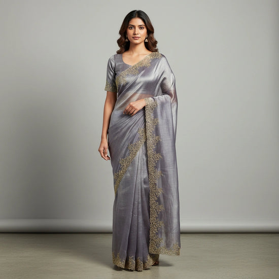 Embroidered Tissue Silk Saree with Traditional Motifs - tissue Indian ethnic wear by Rangoli