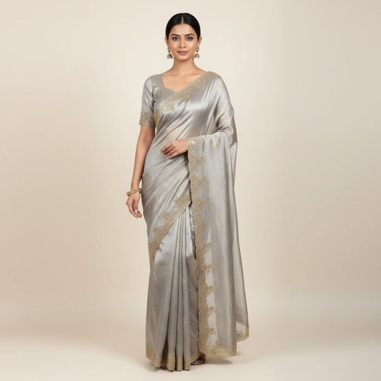Embroidered Tissue Silk Saree with Traditional Motifs - tissue Indian ethnic wear by Rangoli