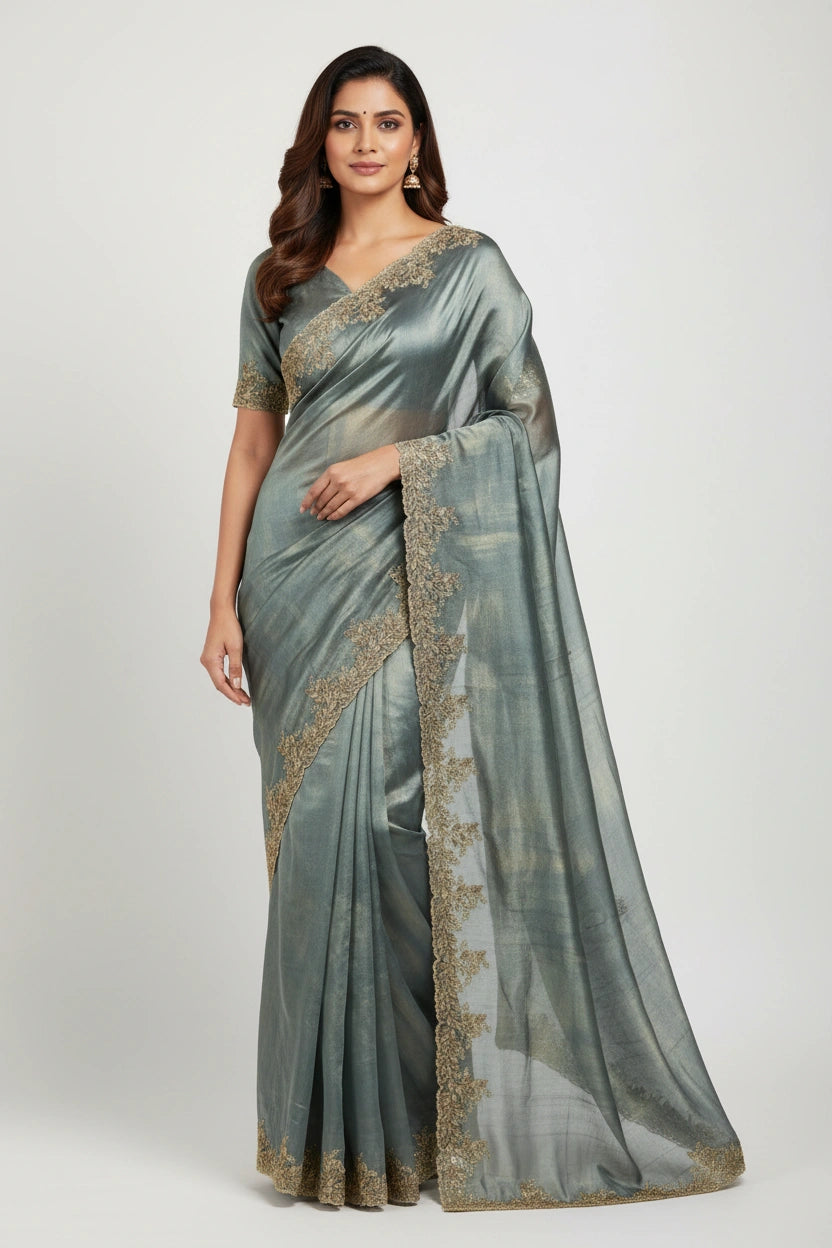 Embroidered Tissue Silk Saree with Traditional Motifs