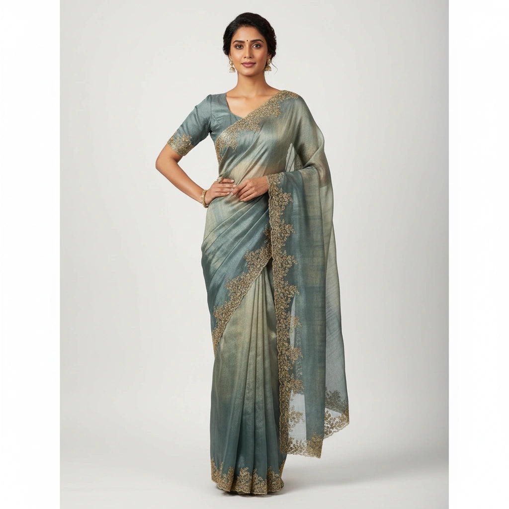 Embroidered Tissue Silk Saree with Traditional Motifs