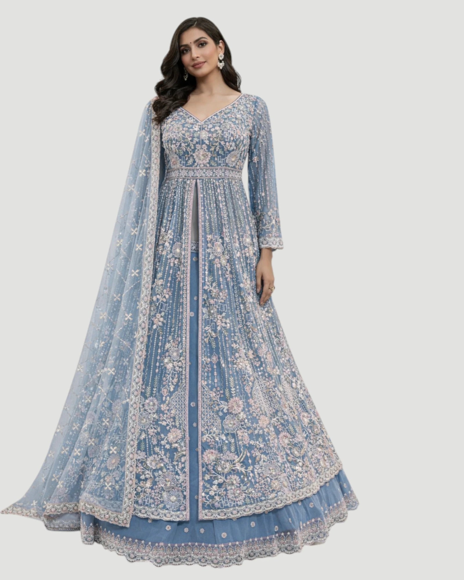 Woman wearing a blue embroidered anarkali suit on a white background