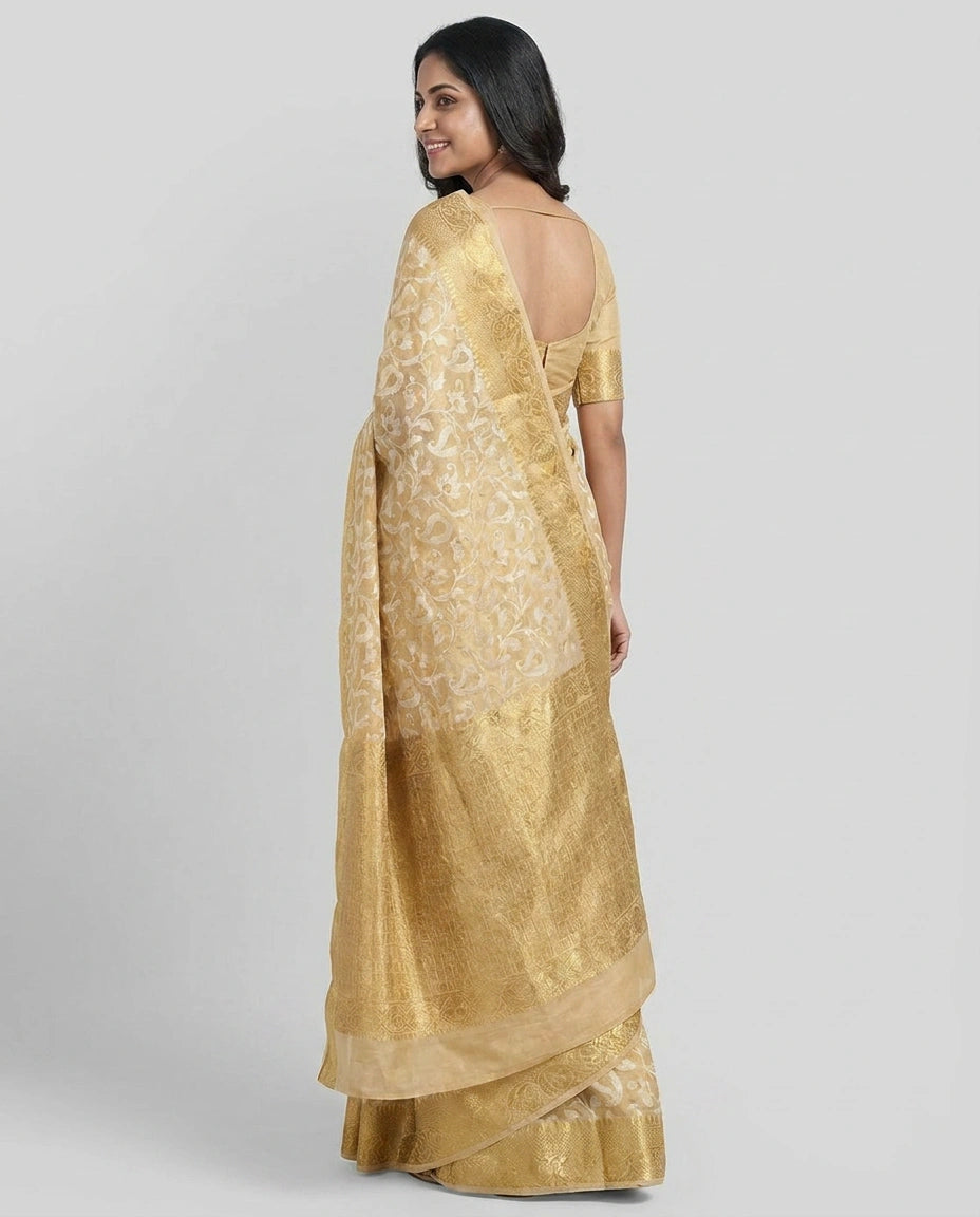 Woman wearing a gold saree with a plain background