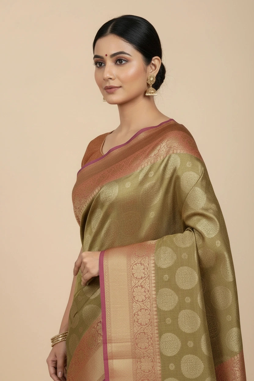 Handcrafted Kota Doria Banarasi Silk Saree - Mehandi | Rangoli