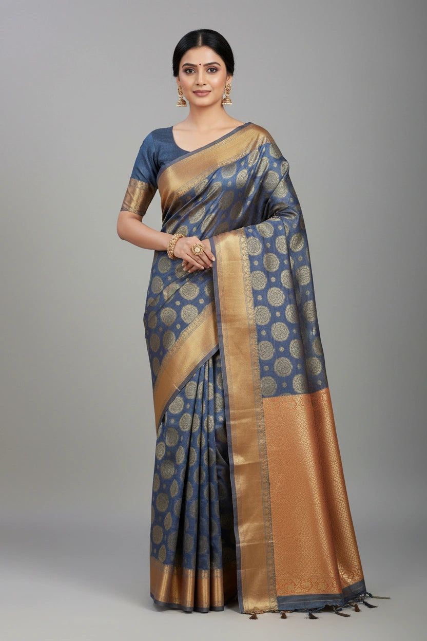 Handcrafted Kota Doria Banarasi Silk Saree - Chiku | Rangoli