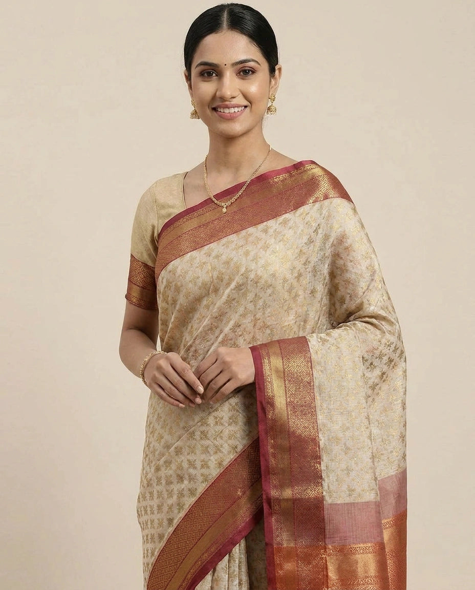 Off White Banarasi Saree with Red Border - Rangoli India