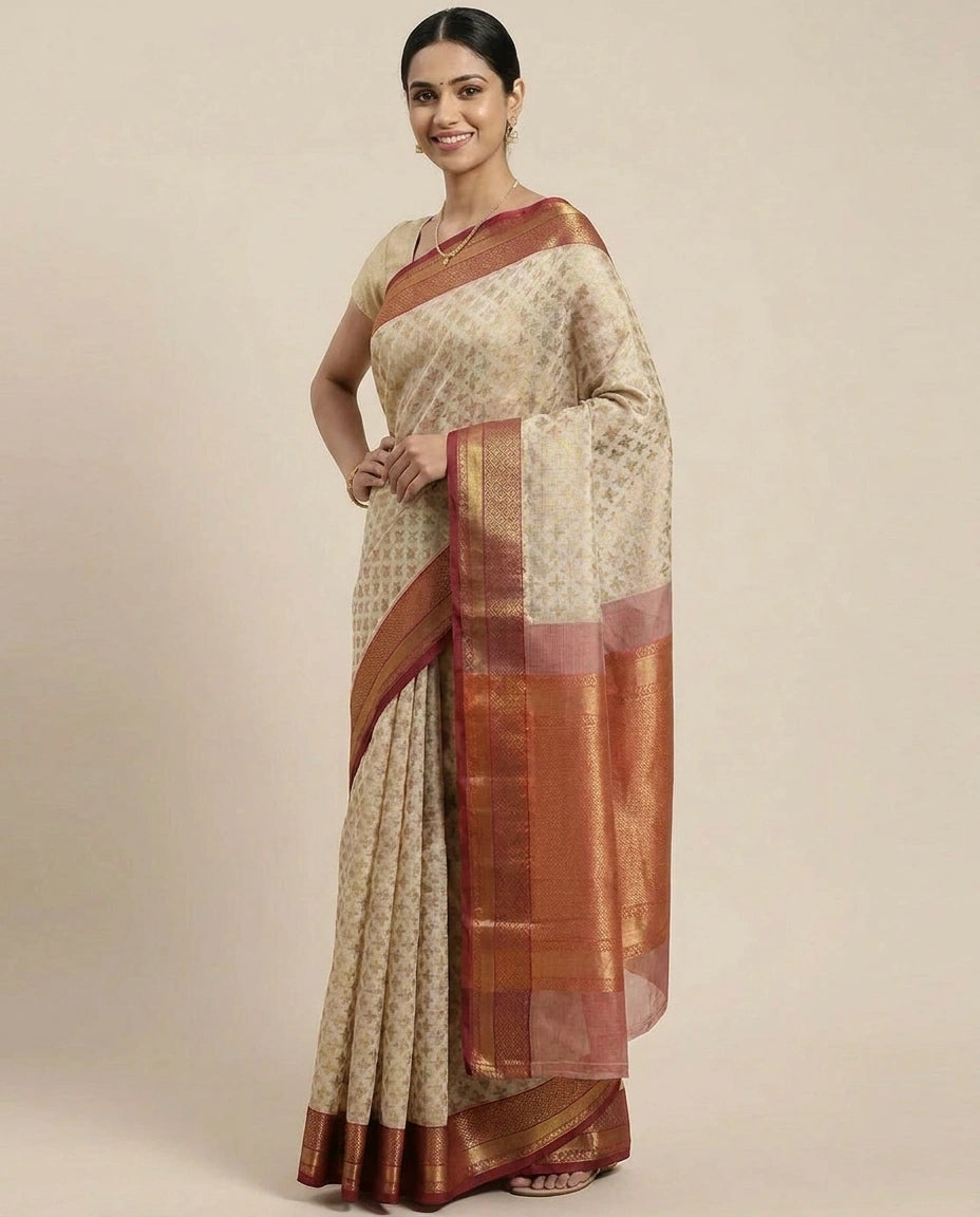Off White Banarasi Saree with Red Border - Rangoli India