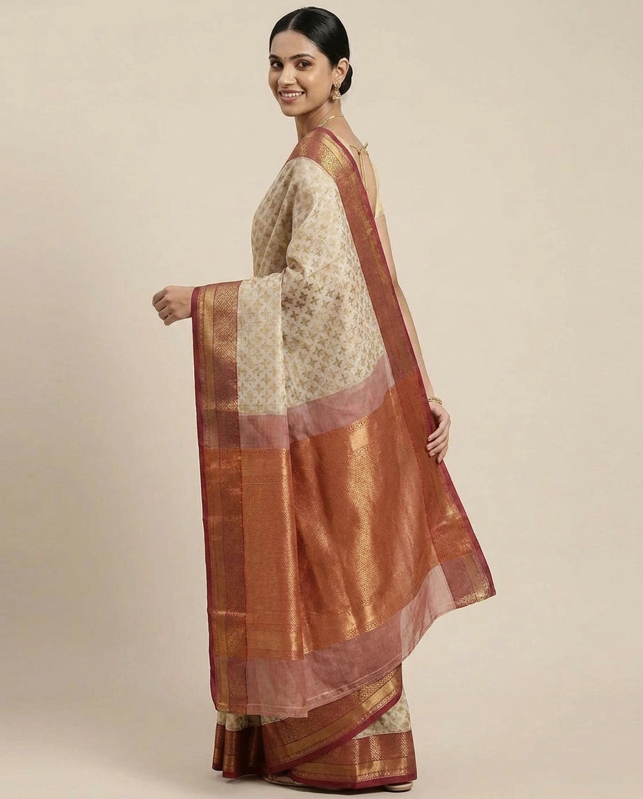Off White Banarasi Saree with Red Border - Rangoli India
