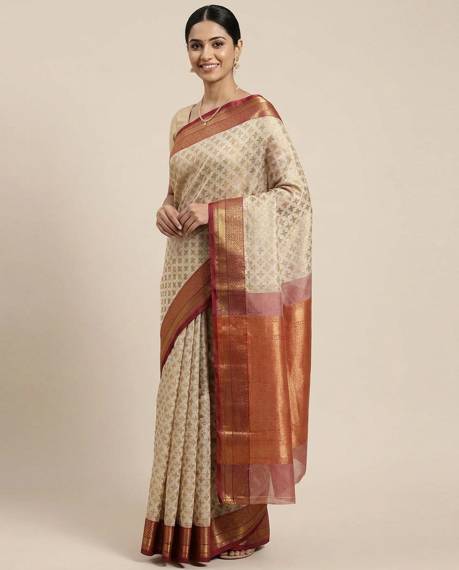 Off White Banarasi Saree with Red Border - Rangoli India