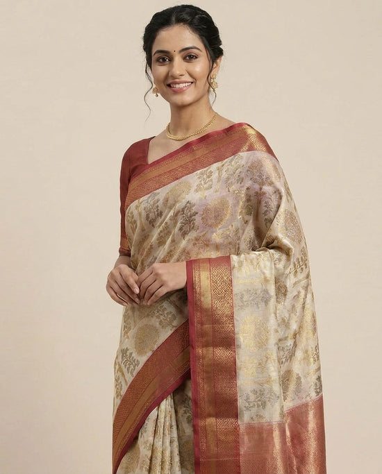 Off White Kota Banarasi Saree for Daily Wear - Rangoli India
