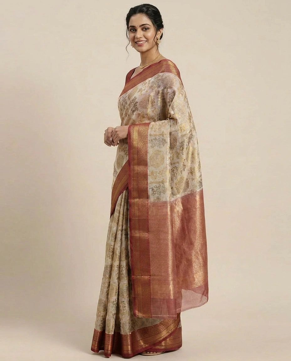 Off White Kota Banarasi Saree for Daily Wear - Rangoli India