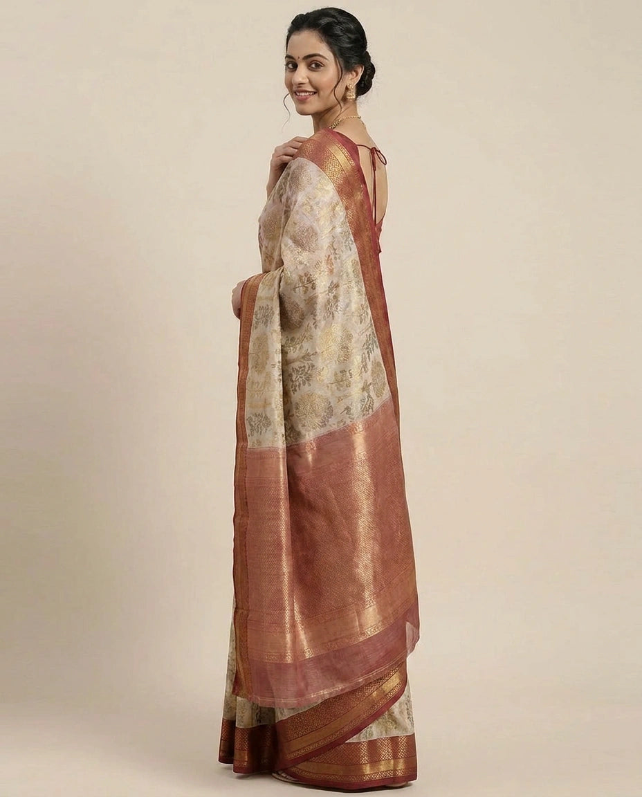 Off White Kota Banarasi Saree for Daily Wear - Rangoli India