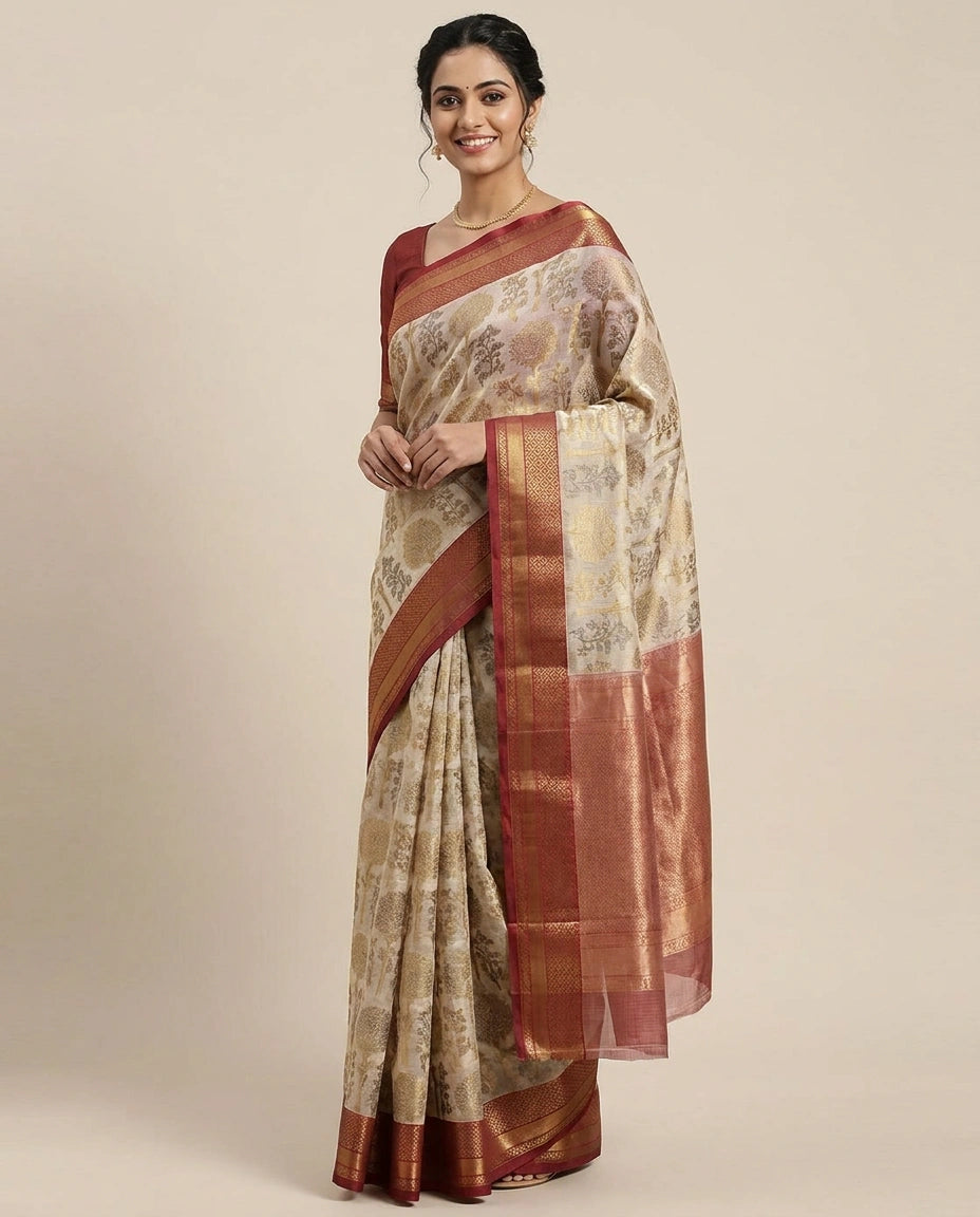 Off White Kota Banarasi Saree for Daily Wear - Rangoli India