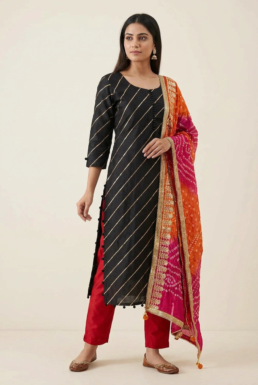 Black Chanderi Straight Suit with Embroidery for Daily Wear